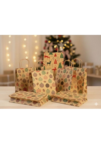 1.kalite 18x8x24 Cm 5 Li Yılbaşı Konseptli Kraft Kağıt Çanta Hediye Poşeti Hediye Paketi Kraft Çanta