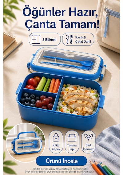 Mavi 3 Bölmeli Çocuk Beslenme Kutusu Kaşık Çatal Dahil Kilitli Kapaklı Taşıma Saplı Lunch Box