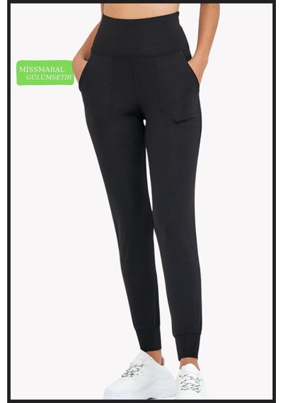 Kadın Eşofman Alt Siyah Curve Jogger Dalgıç Kumaş Yüksek Bel Çift Cepli Joggers 1061 Siyah