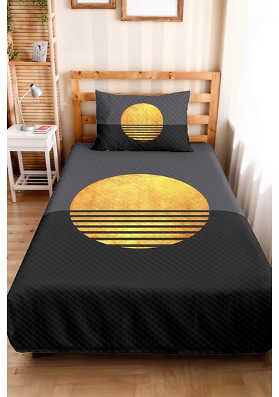 Siyah Gold Geometrik Genç Odası Tek Kişilik Pike Takımı - Antrasit Sarı 160x220 Cm Yatak Örtüsü Naif Akşam Fısıltısı