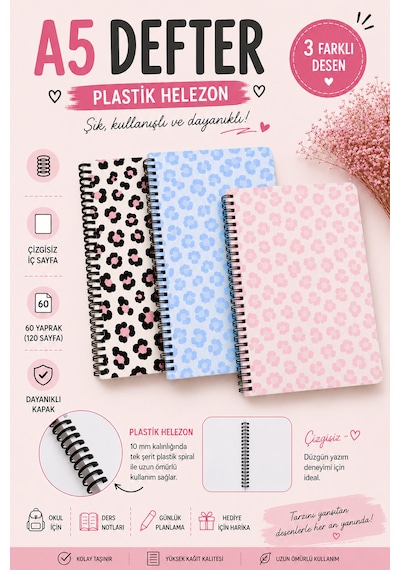 A5 Plastik Spiralli Defter Çiçek Desenli Ve Leopar Desenli Günlük Ve Ders Notları İçin 60 Yaprak Şeffaf