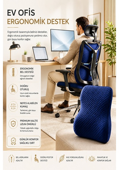 Ergonomik Ve Ortopedik Sırt Minderi Doğru Destek, Konforlu Oturuş Lacivert