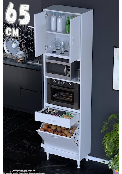 Belin 65 Cm Fırın Dolabı Kahve Köşesi Kapaklı Sepetli Mutfak Kiler Dolabı Banyo Dolabı 65x226x32 Cm Beyaz
