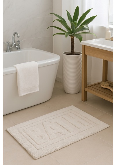 Bath Banyo Paspası 80x50 Dekoratif, Yıkanabilir, Tüylenme Yapmaz Ekru
