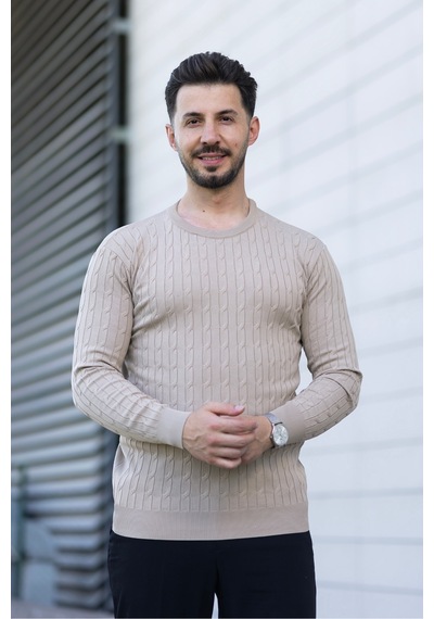 Hk Premium Triko Kazak Fitilli Slim Fit Bisiklet Yaka Likralı Kışlık Sweatshirt Bej