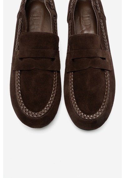 Luvi Shoes Francıs Kahverengi Süet Hakiki Deri Örgü Detaylı Kadın Loafer Ayakkabı