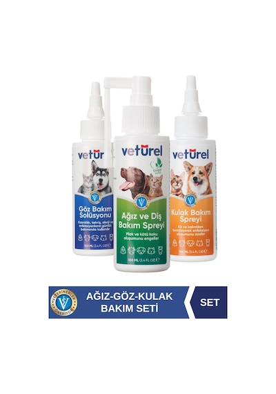 Veturel Kedi Köpek Göz Ağız Kulak Uyuzu Koku  Bakım Seti 3 x 100 ML