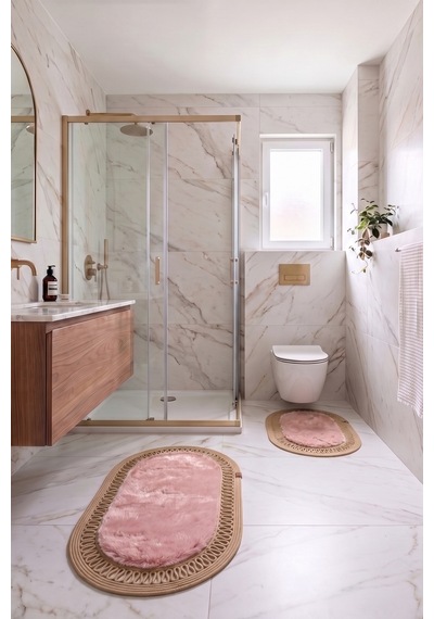 Banyo Paspası Takımı 60x100+40x60 Cm İç Trikot Pembe & Camel