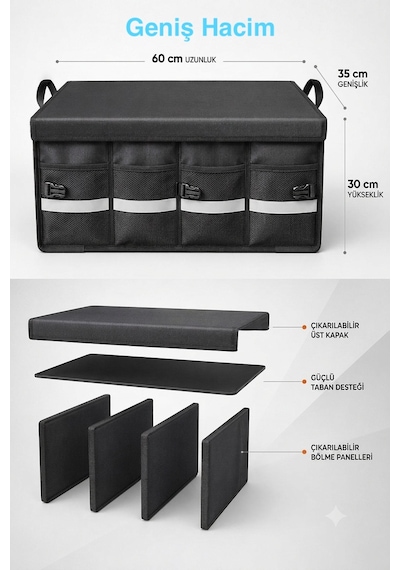 Büyük Boy Premium Araç İçi Bagaj Düzenleyici Organizer Çanta 4 Bölmeli Katlanabilir Su Geçirmez Reflektörlü Oto Çantası Siyah