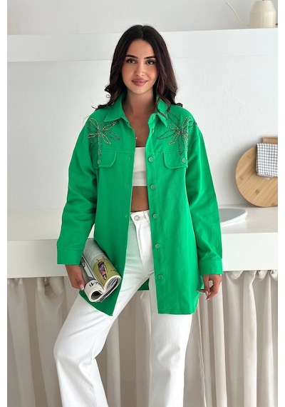 Asprin Fashion Taş Detaylı Gömlek Yeşil Yeşil