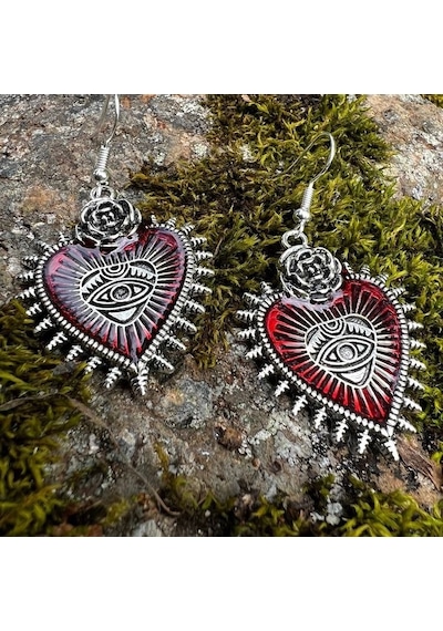 Rose Eye Of Heart Gotik Kalp Kırmızı Küpe Çok Renkli