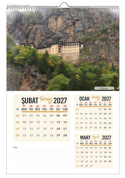2027 Türkiye Manzaraları Duvar Takvimi 33x48 12 Sayfa Üstten Spiralli Ve Askılı Model1-3 Aylı