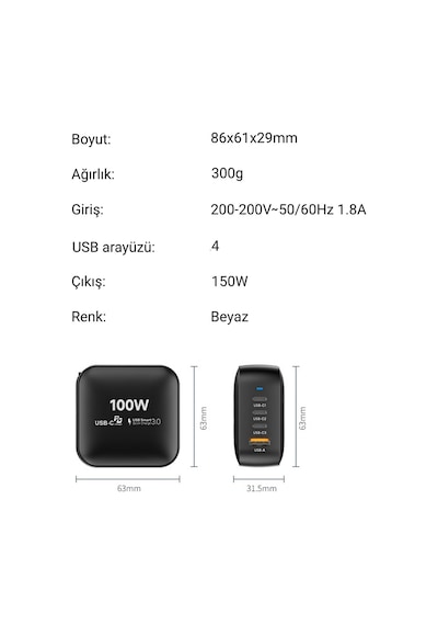 Nettech Nt-hch09 100w Pd+qc Ganprime Şarj Aleti Beyaz