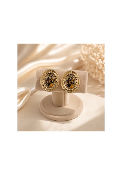Leora Leopar Desenli Gold Renk Vintage Premium Oval Çerçeveli Altın Kadın Küpe Seti