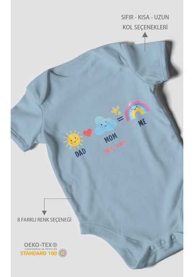 Morivokids Dad Mom Me Sweet Family Kısa Kollu Bebek Body %100 Pamuk Bebe Mavisi