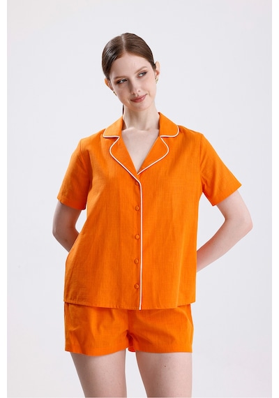 Kadın Kısa Kol Önden Düğmeli Şortlu Kiremit Pijama Takımı Çok Renkli