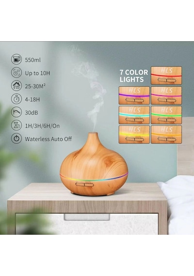 Aroma Difüzör Gece Işığı 7 Led Nemlendirici Kumandalı 550 Ml Buhar Makinesi