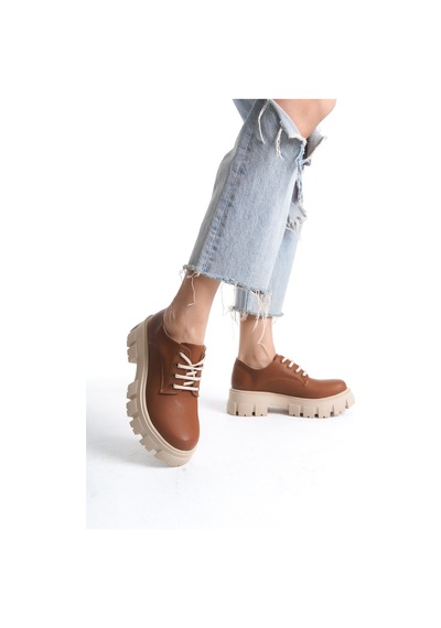 Akınabella Kalın Tabanlı Bağcıklı Loafer Ayakkabı Taba Taba