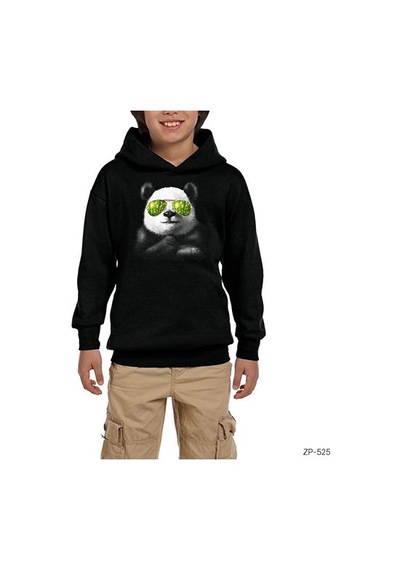 Zepplin Giyim Cool Panda Siyah Çocuk Kapşonlu Sweatshirt