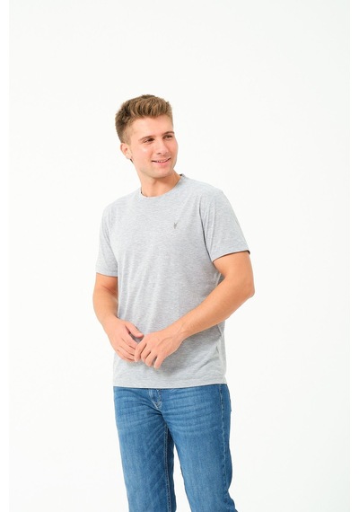Erkek Basic Göğüs Nakış Detaylı Standart Fit Normal Kesim %100 Pamuk T-shirt Gri Melanj