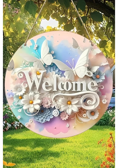 Kututr Çiçek Ve Kelebek Temalı Uv Baskı 3d Görünümlü Mdf Kapı Süsü Welcome Yazılı 33 Cm Ks009,çok Renk Çok Renkli