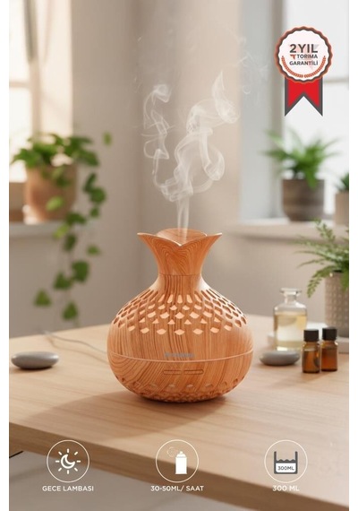 Dekoratif Vazo Ev Dekor Koku Cihazı  H15 Ahşap Led Işıklı 300ml Flower Hava Nemlendirici