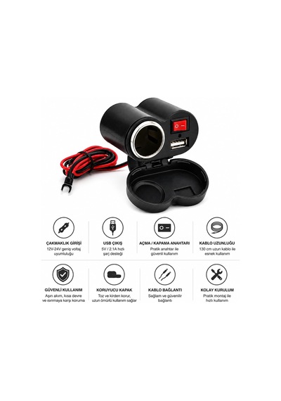 Motosiklet Ve Elektrikli Bisiklet Çakmaklık Soketi Usb Şarj Girişi 12v-24v, 5v 2a Usb Çıkış, Açma Kapama Anahtarlı, 130 Cm Kablolu, Gidon Montajlı