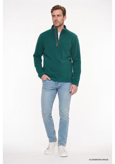Ac&Co / Altınyıldız Classics Erkek Yesıl Sıcak Tutan Standart Fit Normal Kesim Bato Yaka Çift Fleto Cepli Sweatshirt Polar