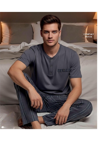 Arcan Erkek Düğme Yaka Kısa Kol Compact Penye Pijama Takımı 65130f - 1 Adet Füme