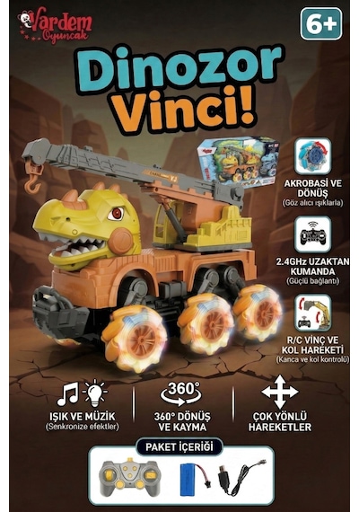 Vardem Oyuncak Uzaktan Kumandalı Işıklı Müzikli Şarjlı 360 Derece Dönen Dinozor İş Makineleri Sarı Vinç