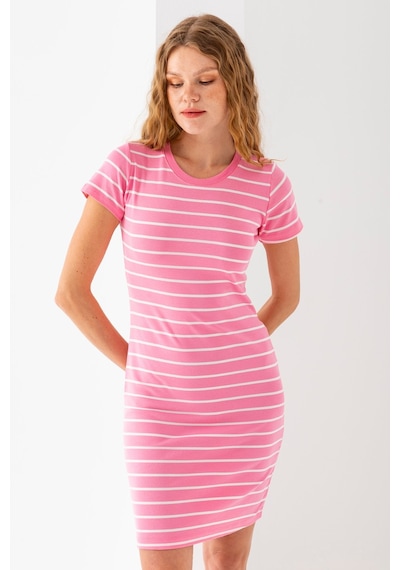 Giysa Kadın Bisiklet Yaka Kısa Kol Çizgili Elbise Pembe Beyaz - 25539 Pembe - Beyaz