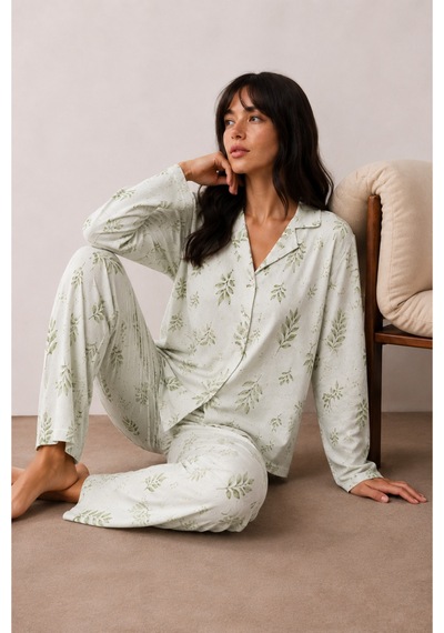 Kadın Düğmeli Kışlık Ev Çağla Yeşili Pijama Takımı