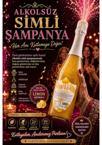 Alkolsüz Şampanya Limon Aromalı Simli İçecek Alkolsüz Salla Patlat Şampanya