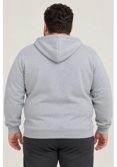 Zennamoda Erkek Battal Büyük Beden Üç İplik İçi Şardonlu Kapüşonlu Tam Fermuarlı Kışlık Sweatshirt - Gri