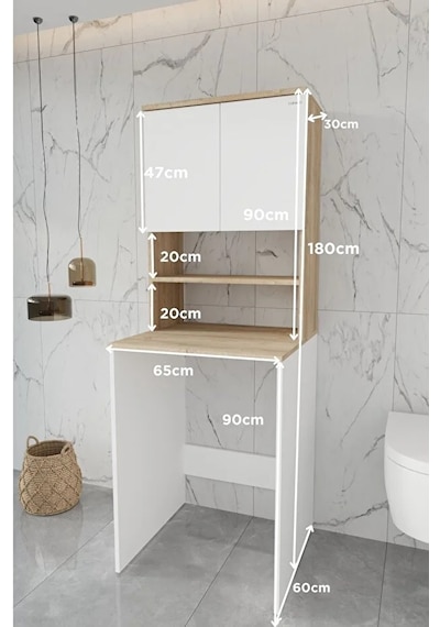 %100 Mdf Çamaşır Makinesi Dolabı Beyaz Beyaz Meşe