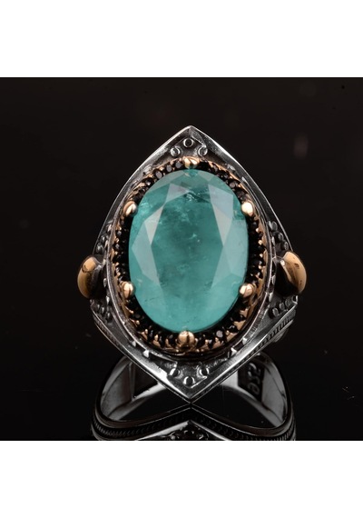 El Yapımı Vintage Erkek Yüzüğü - 925 Ayar Gümüş İle Üretilmiş Paraiba Taşı, Artisan Takı Gümüş