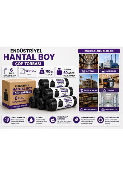 Hantal Boy Endüstriyel Çöp Torbası Siyah 100x150 Cm 700 Gr Ekstra Dayanıklı Sızdırmaz 6 Rulo / 60 Adet
