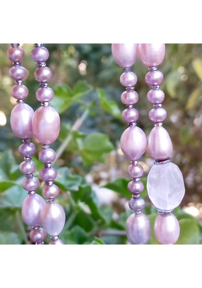 2865 Doğal Pembe İnci Kuvars Zirkon Hematit El Yapımı Uzun Kolye 046 - Pembe