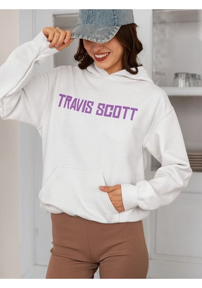Sevbano Travis Scott Baskılı Unisex Oversize Rapper Şarkıcı Hoodie Beyaz