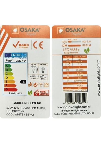1 Adet Osaka 12w 90w Beyaz Işık 6500k E27 Duylu Kalın Duy Led Ampul