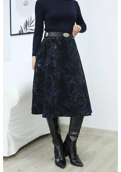 Lodmela Baskılı Ve Kemerli Kadife Etek 6069-siyah/indigo Siyah/indigo