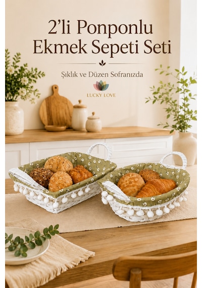 2'li Ponponlu Ekmek Sepeti Seti Oval Ve Dikdörtgen Çıkarılabilir Kumaş Astarlı Hasır Servis Sepeti Açık Yeşil