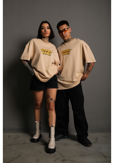 Noıssey Kod:ızeı - Unisex Oversize Looney Tunes Baskılı Pamuklu T-shirt P--1003 Bej