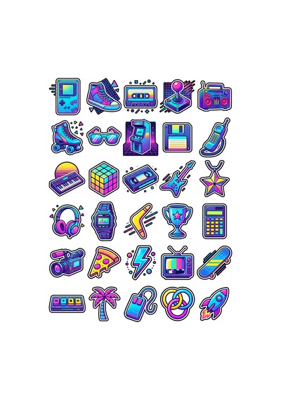 30 Adet Retro 80'ler Neon Nostalji Sticker Seti - Laptop Defter Telefon Çok Renkli