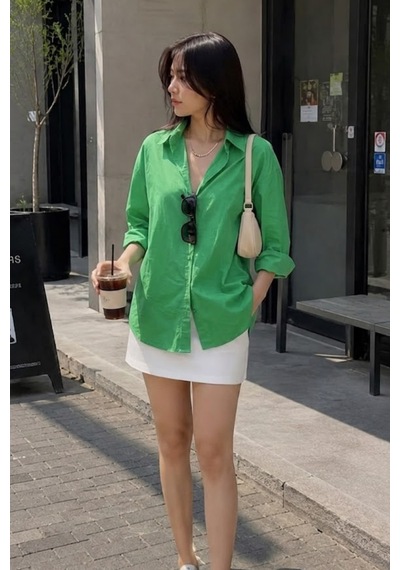 Seeh Yeşil Oversize Basic Kadın Gömlek Sh268