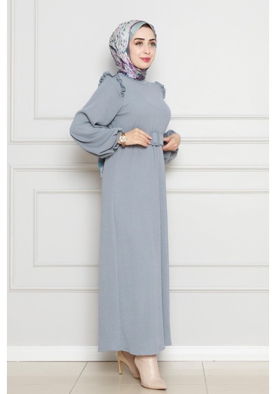 Sevitli Omuzu Fırfır Kemerli Elbise-gri-4562 Gri