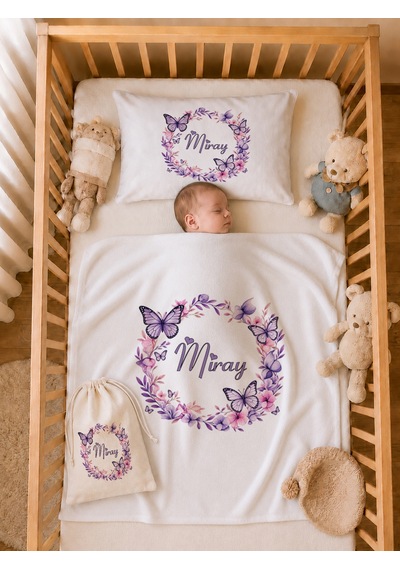 Pia Baby İsme Özel %100 Pamuk Kız Bebek Yastık Battaniyeli Tulum Set Kese Hediyeli 1090tybk3x Krem