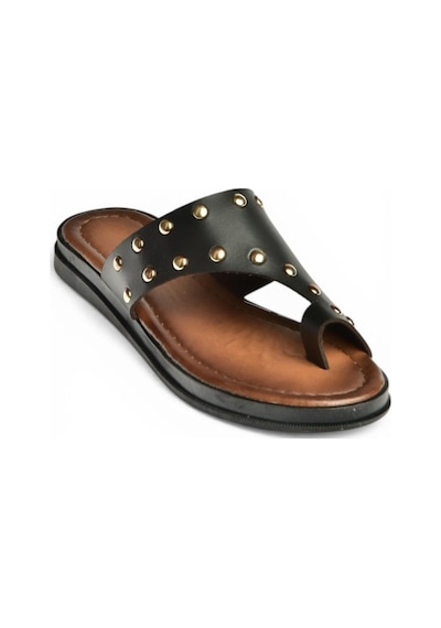 Fox Shoes Y390450403 Siyah Hakiki Deri Zımba Detaylı Kadın Terlik