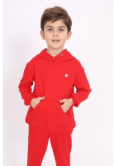 Toontoy Kız Çocuk Relax Fit Kapüşonlu Cepli Baskılı Sweatshirt - 2 İplik Kırmızı