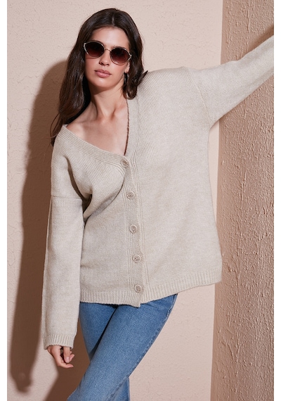 Lela Regular Fit V Yaka Düğmeli Triko Bayan Hırka 4616229 Taş